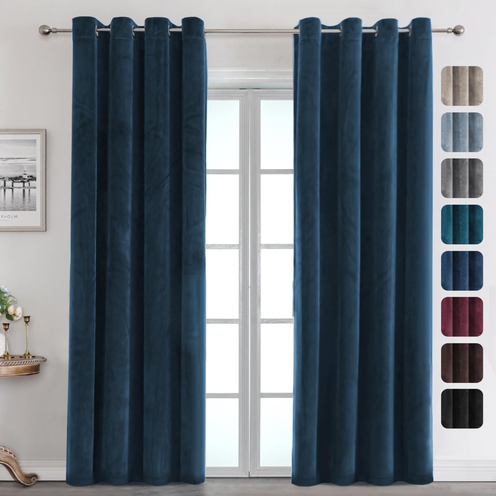 Rideaux en velours occultants haut de gamme bleu foncé drapé élégant pour salon et chambre