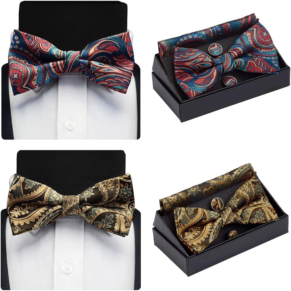 Men's Pre-Tied Bow Tie Set Paisley Floral Bow Tie Pocket Square Cufflinks with Gift Box for Wedding(E)