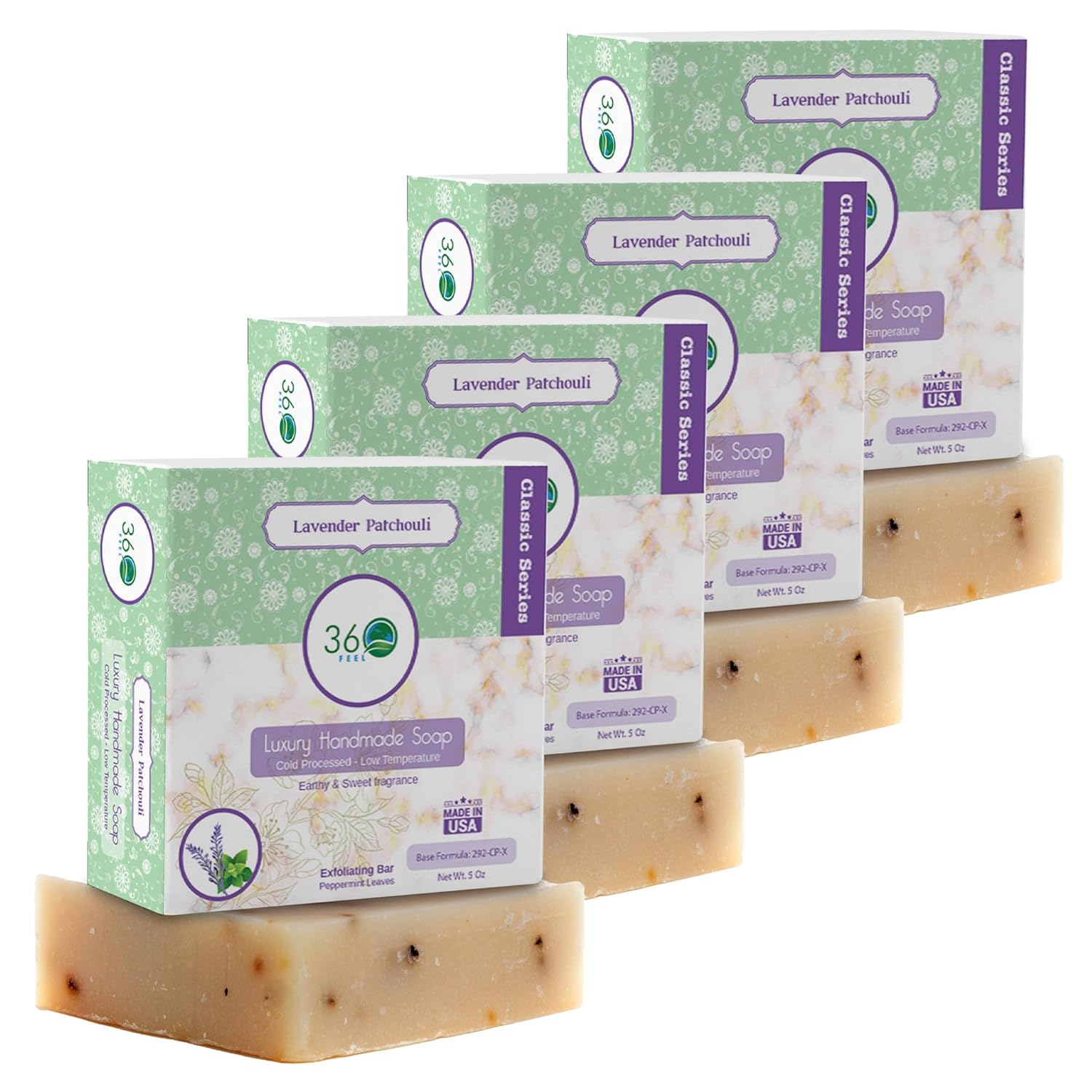 360Feel Lavender Patchouli Soap - Handcrafted Castile Soap Bar with Soothing Scent - Handmade with Essential Oils - Suitable Gift for Anniversaries, Weddings and Holiday Stockings - 4-Pack
