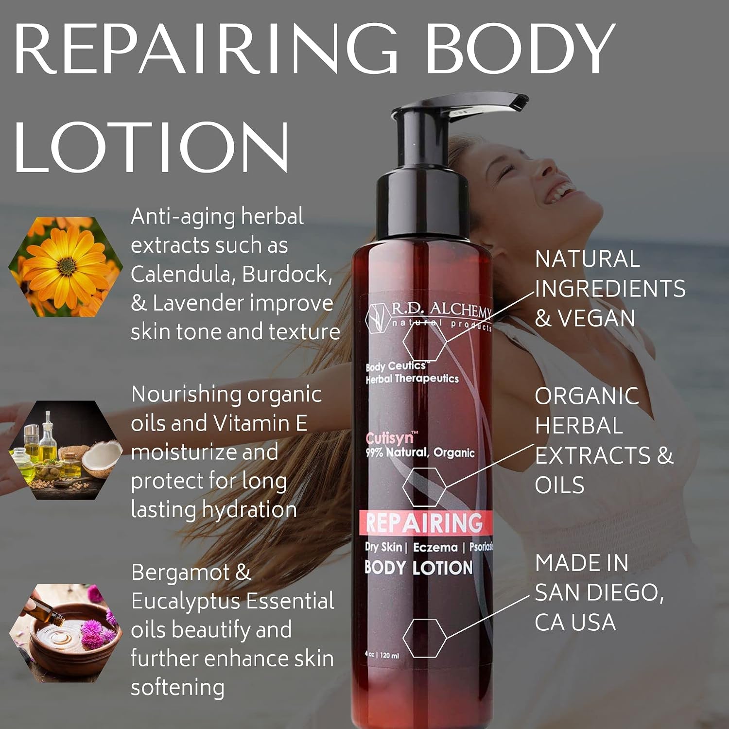 RD Alchemy - 99% Natural & Organic Repairing Body Lotion for Dry Damaged Skin. Healing Herbal Extracts & Nourishing Oils w/Vitamin E Moisturize & Protect for Long Lasting Hydration.