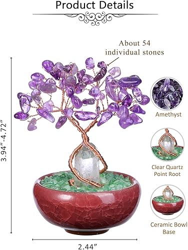 Miniatura 6 de Jovivi Árbol de cristal curativo de amatista, piedra preciosa natural de amatista, alambre de cobre, base cremática de cuarzo transparente, Feng