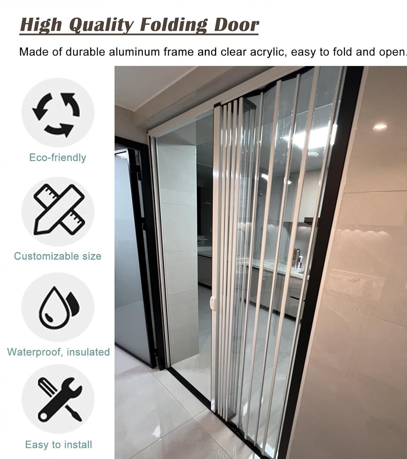 White Aluminum Accordion Door - Clear Acrylic Glass Folding Doors for Interior Room Dividers & Closet, Temporary Sliding Door with Handle & Latch, 30x80in (76.2x203cm)