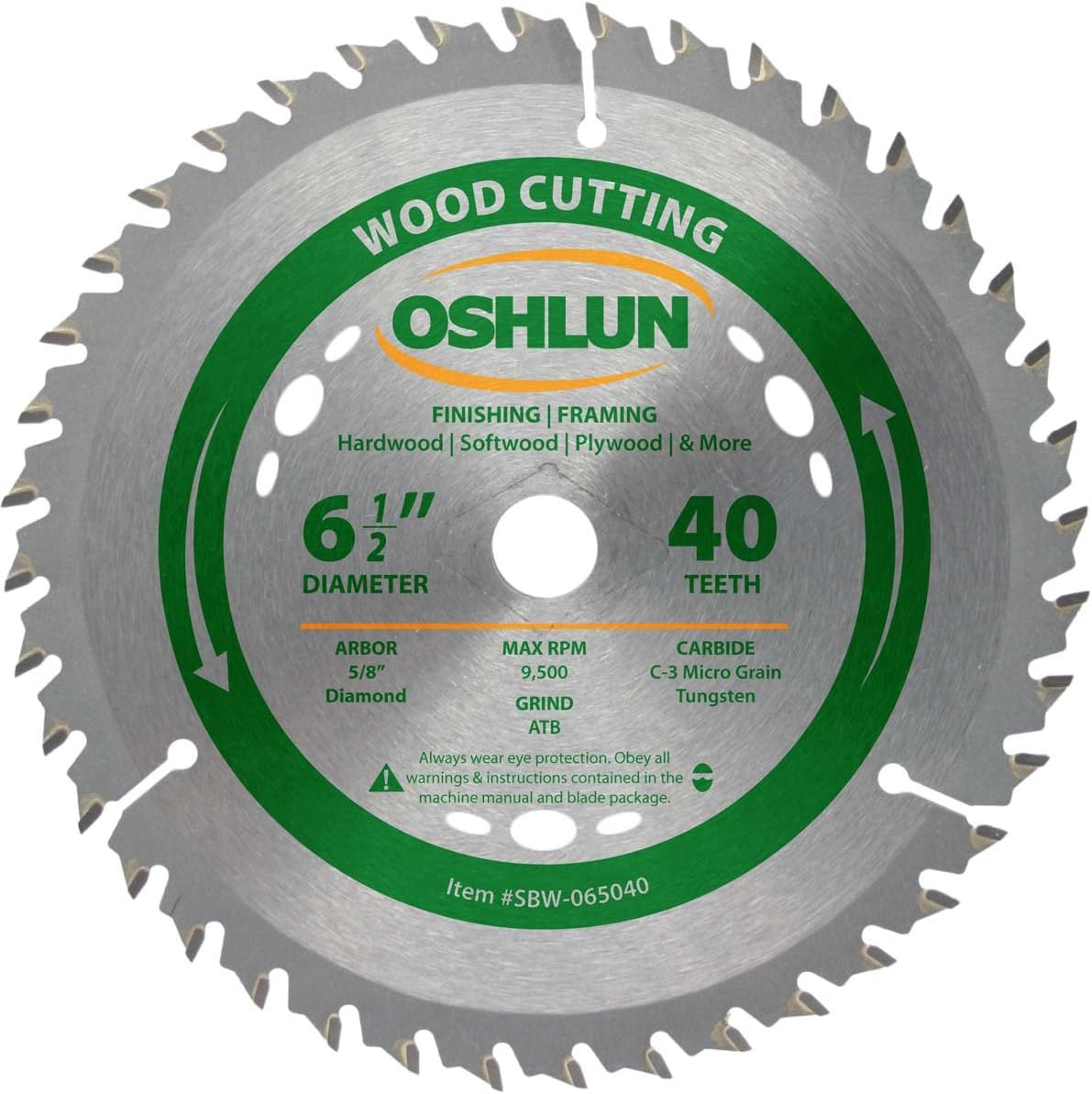Oshlun SBW-065040 6-1/2-Inch 40 Tooth ATB Finishing and Framing Saw Blade with 5/8-Inch Arbor (Diamond Knockout)