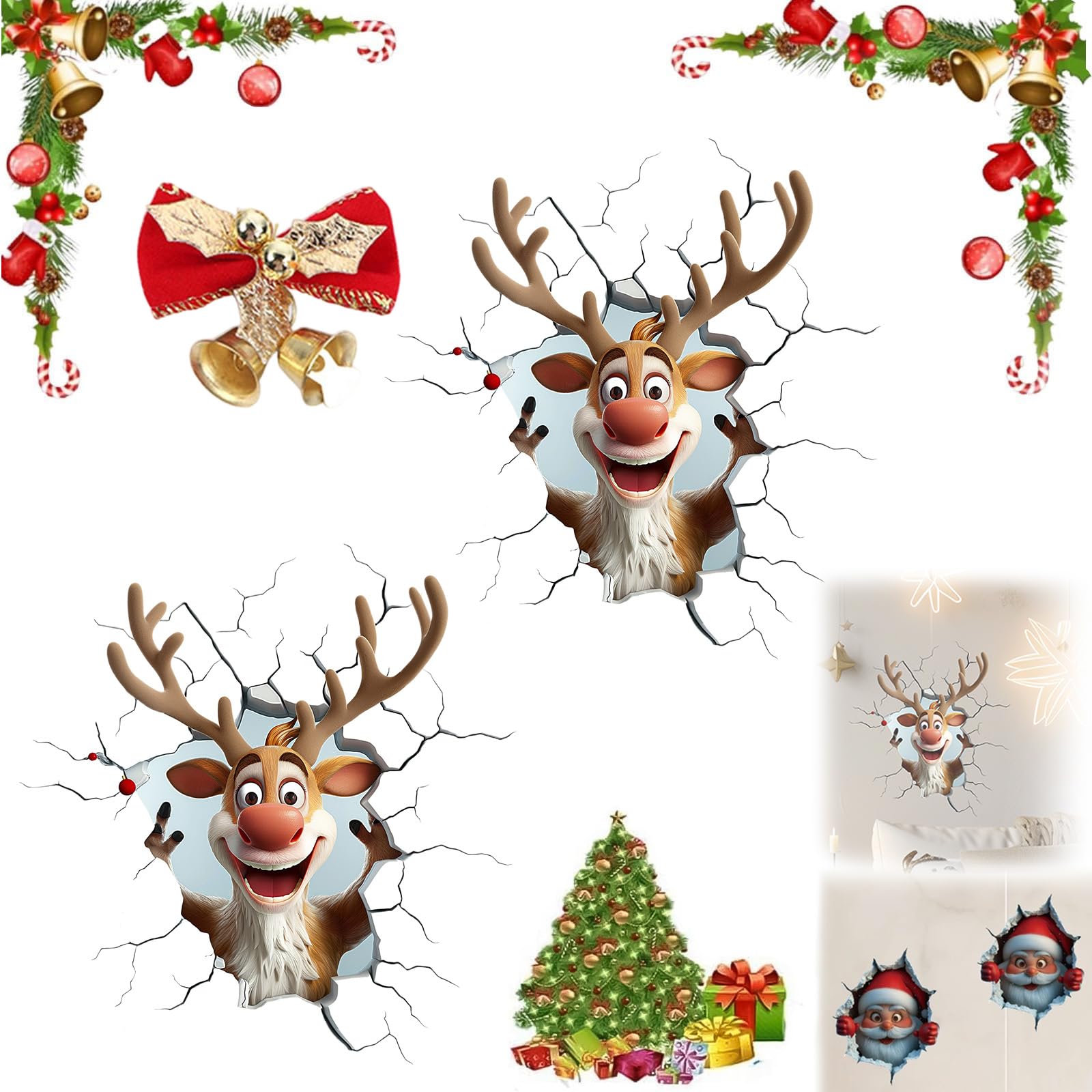 Christmas Creative Wall Sticker, Realistic 3D Effect Stick Santa Claus Reindeer Break-Through Walls Decal, 2026 Funny Wall-Breaking Christmas Stickers, for Window, Home, Refrigerator (2B)