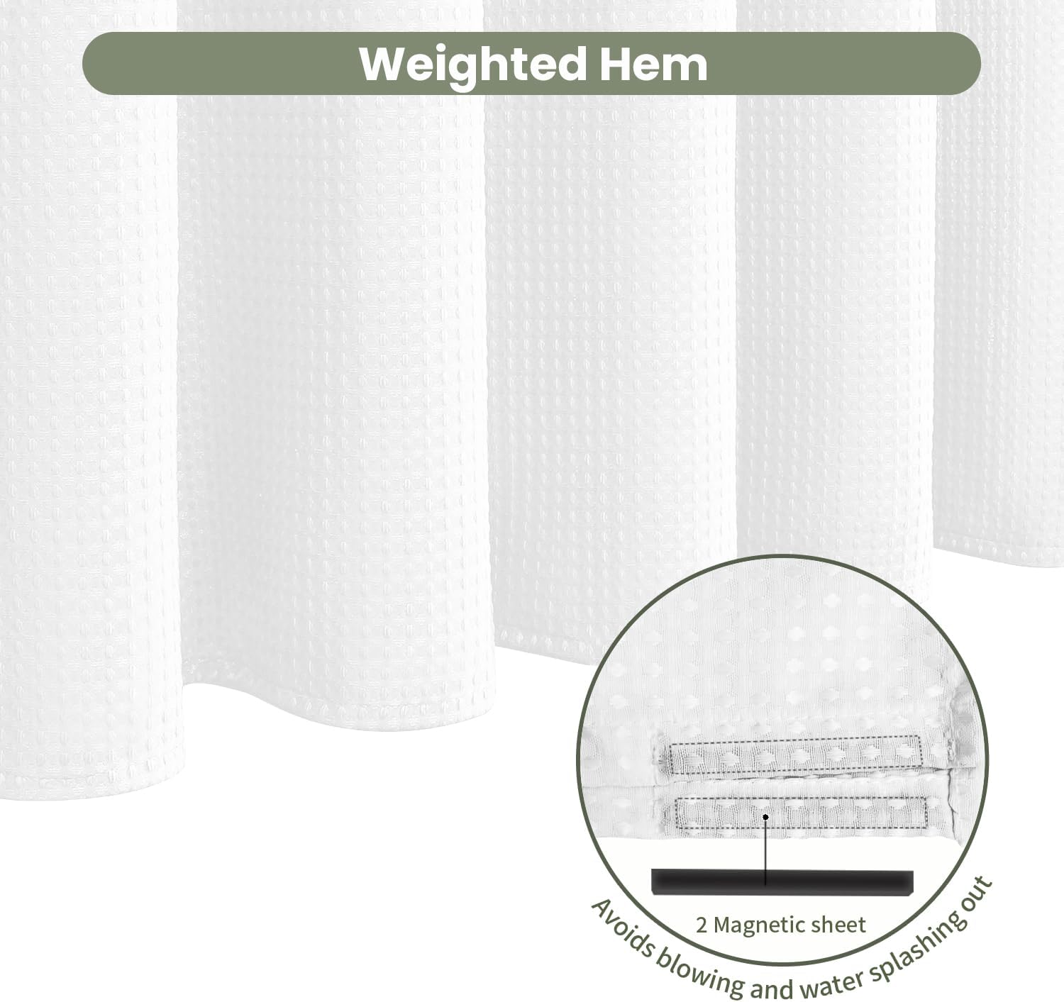 Inhousolu Fabric Shower Curtain Waffle Weave, 230 GSM Heavy Duty, Weighted Hem, 14 Metal Hooks, Water Repellent, Machine Washable, Hotel Spa Luxury Bath Curtain Set, 72 x 84 Inch, White