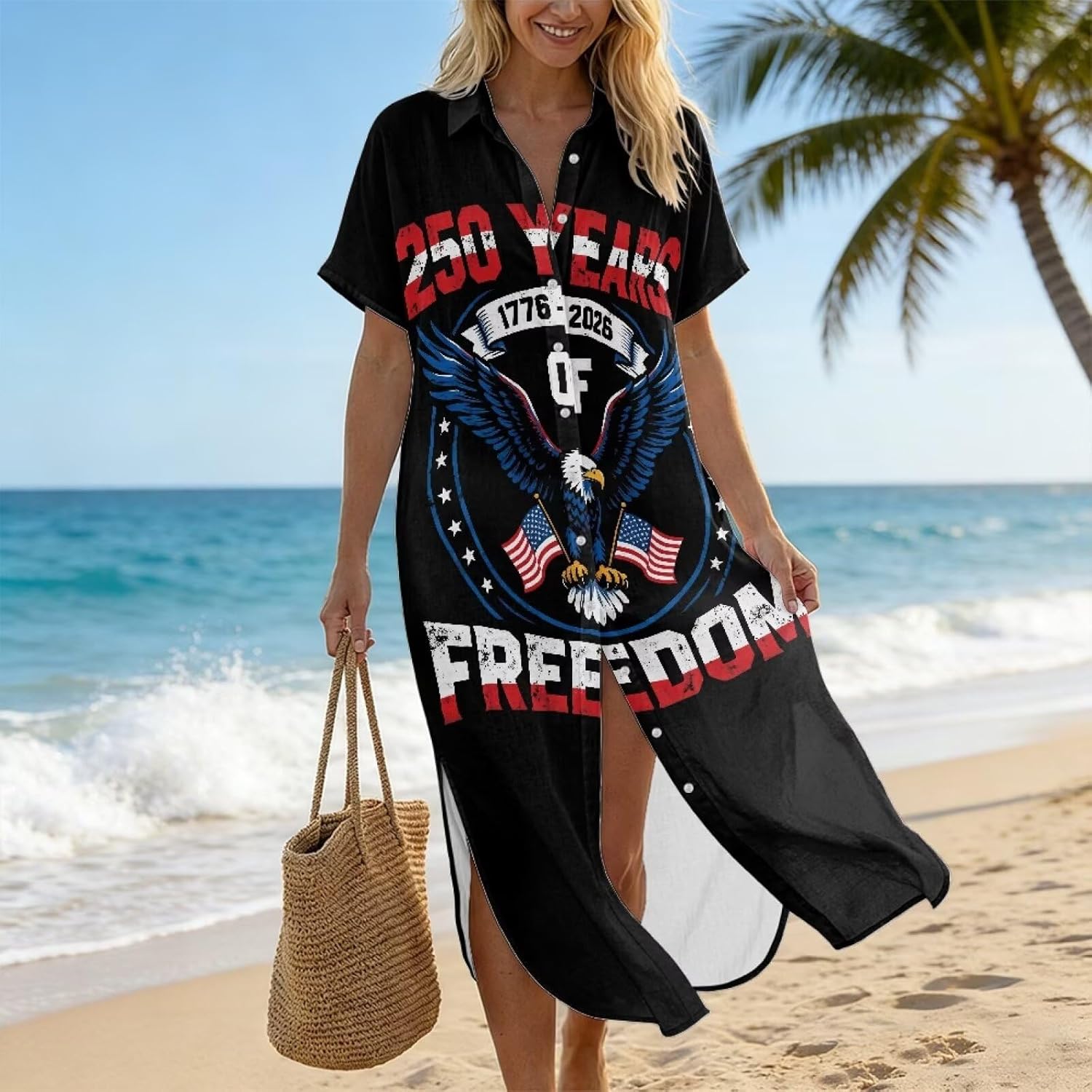 Women's Swimsuit Coverup Long Button Down Short Sleeve Split Bathing Suit Swim Cover Up Beach Vacation Dress