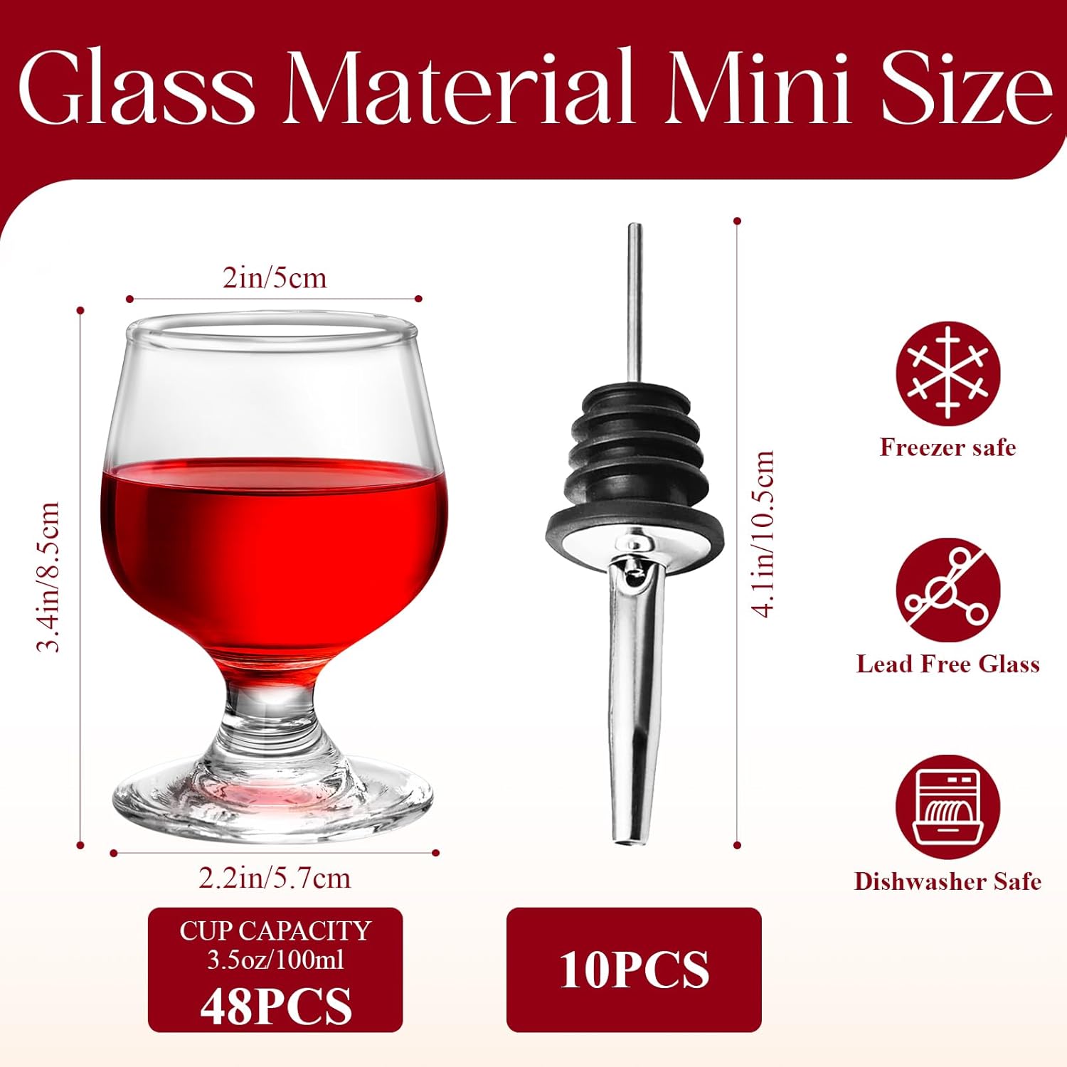 3.5oz/100ml Mini Brandy Shot Glasses Bulk of 48 with 10 Pourers,Cute And Clear Snifter Glass Set for Tasting Cognac,Bourbon,Wine,Tequila,Port,Vodka,Whiskey,Sherry,Party,Bar