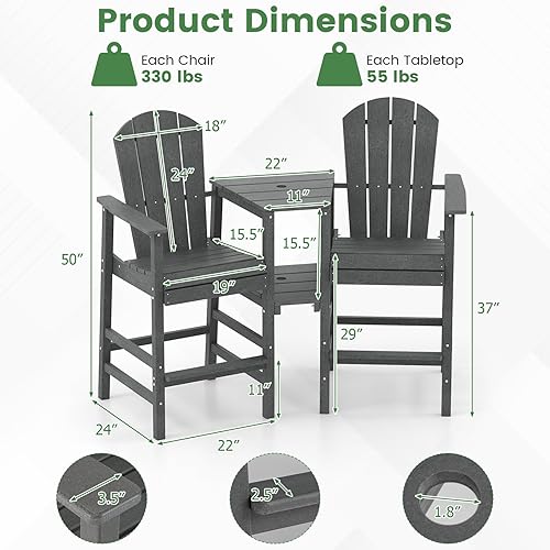 Miniatura 8 de Giantex Juego de 2 sillas Adirondack altas para exteriores, taburetes de bar Adirondack de HDPE con doble bandeja de conexión, agujero para