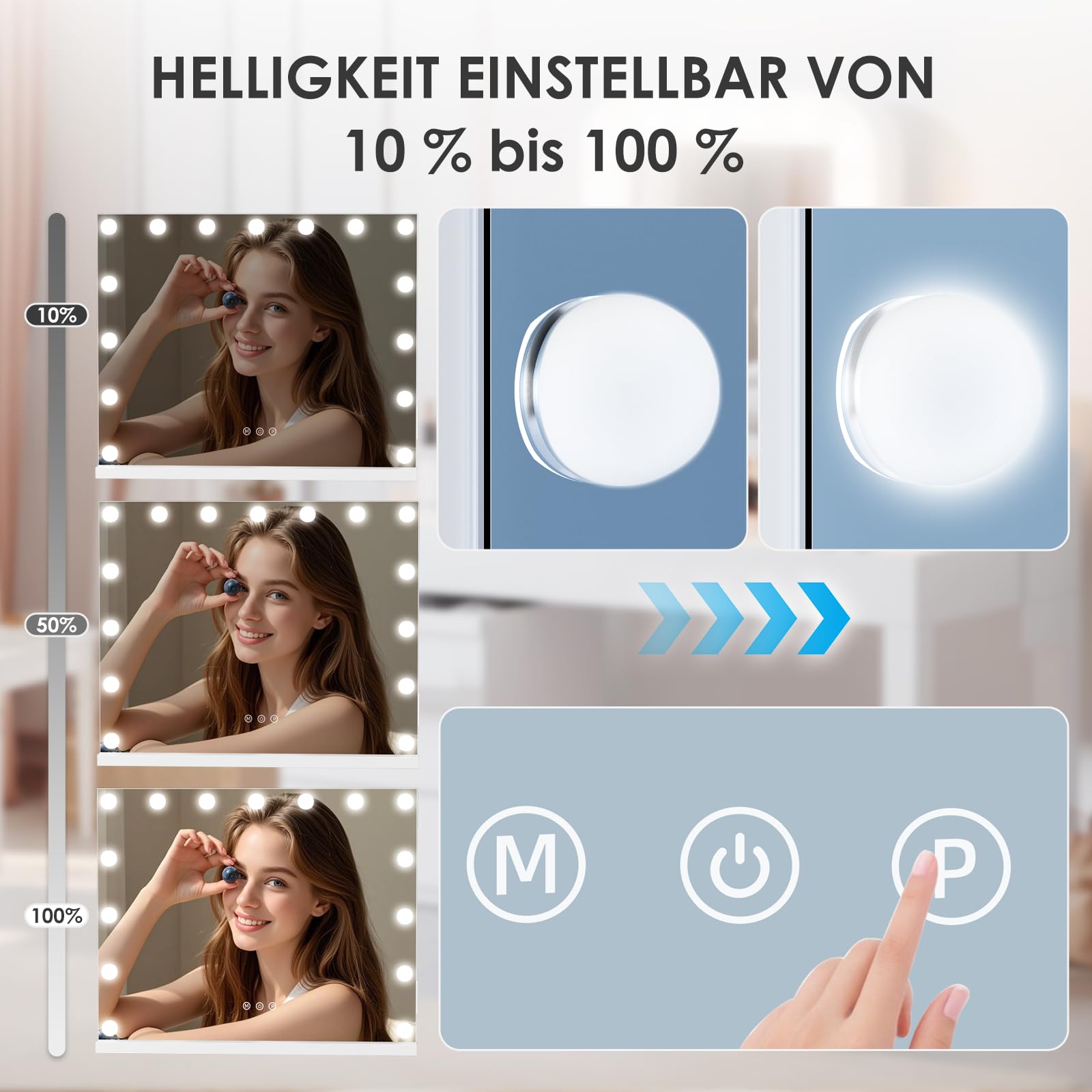 Hollywood Kosmetikspiegel für Make-up mit Lichtern, 58 x 46 cm, Typ-C und USB-Ausgang, 15 dimmbare LED-Leuchtmittel mit hohem CRI, 3 Beleuchtungsmodi, Tisch- und Wandmontage