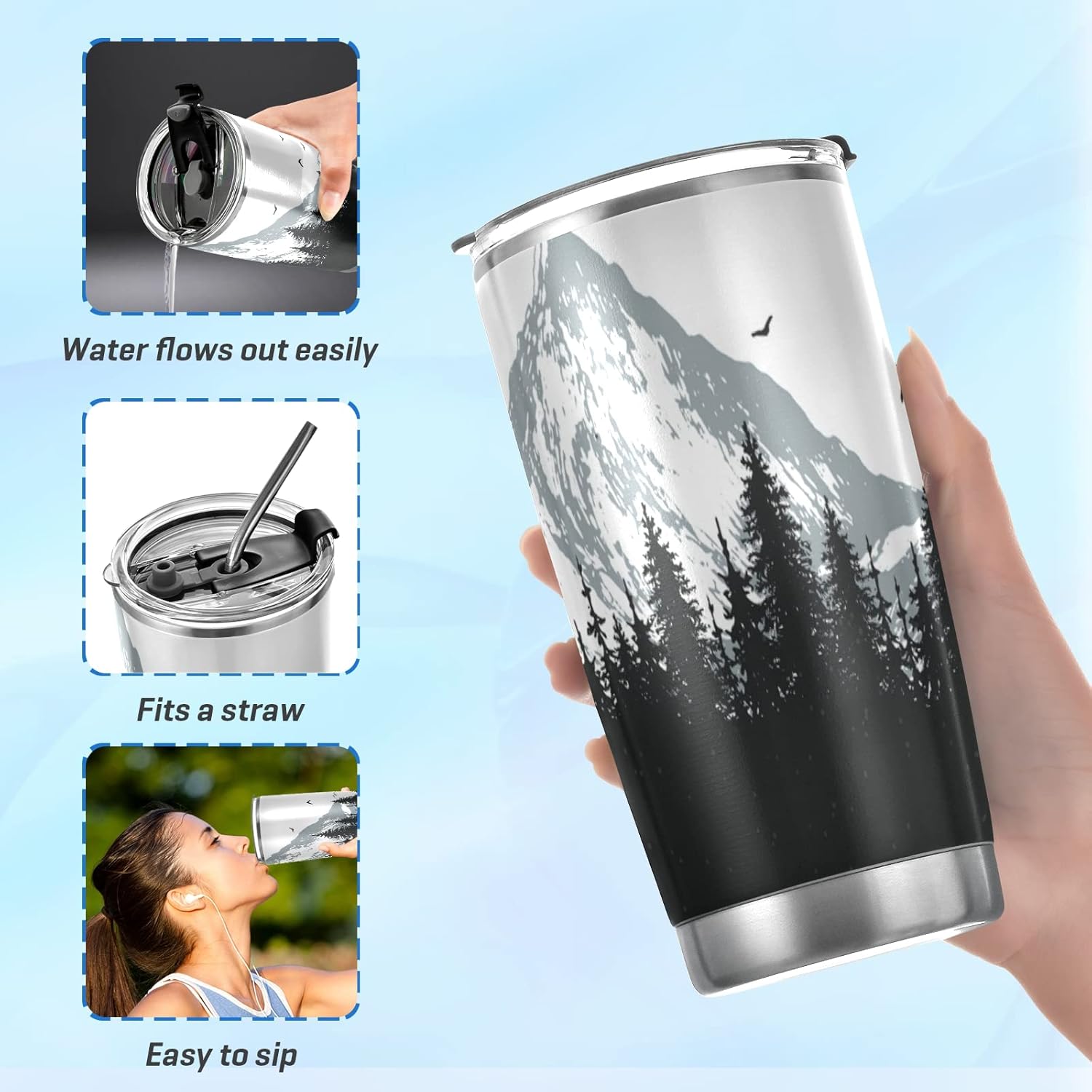 xigua 20oz Tumbler with Lid and Straw, Stainless Steel Vacuum Insulated Water Coffee Tumbler Cup, Nature Mountains and Forest Travel Mug Thermal Cup for Hot and Cold Drinks - Image 6