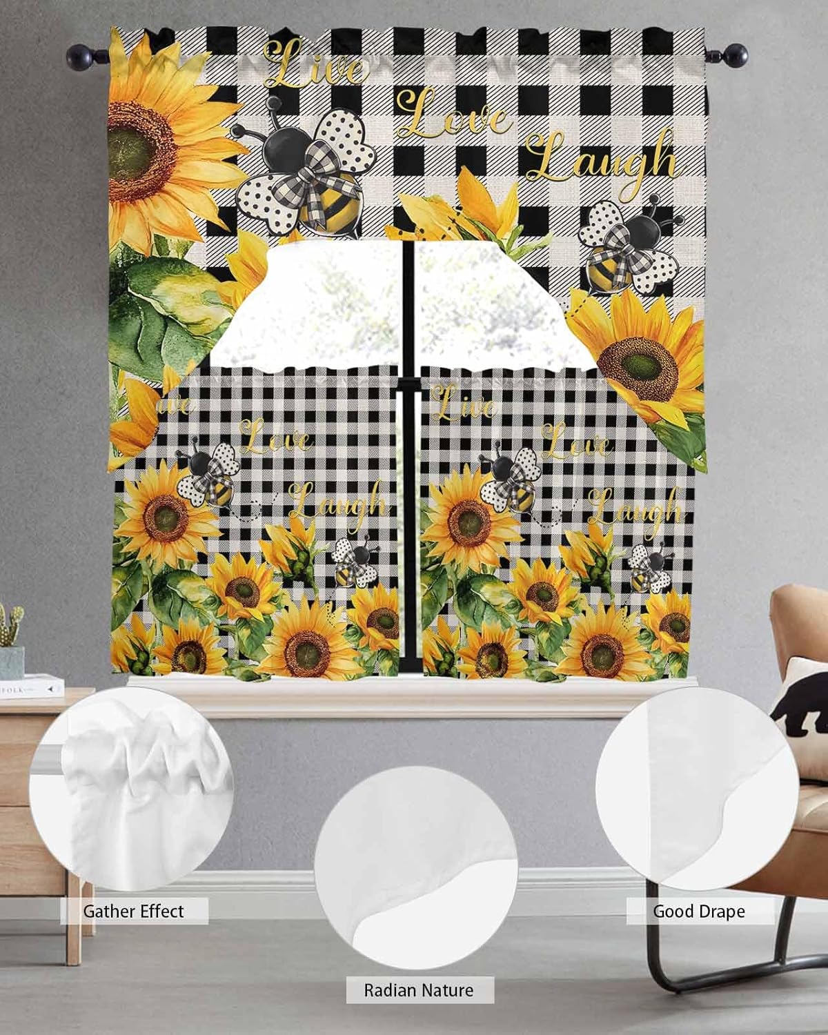 Savannan Kitchen Curtains Tiers and Swag Valances Set, Sunflower Summer Black Checkered Rod Pocket Short Window Curtains for Bedroom Bathroom Cafe, 3 Pieces 24 Inch Long Bee Vintage