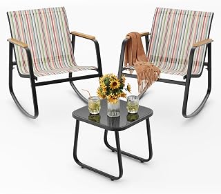 Ahomly 3 Pieces Patio Furniture Set, Outdoor Furniture Set, Stripe | Textilene Fabric, 2 Rocking Chairs with Wooden Armrests and A Tempered Glass Coffee Table for Patio, Porch and Balcony