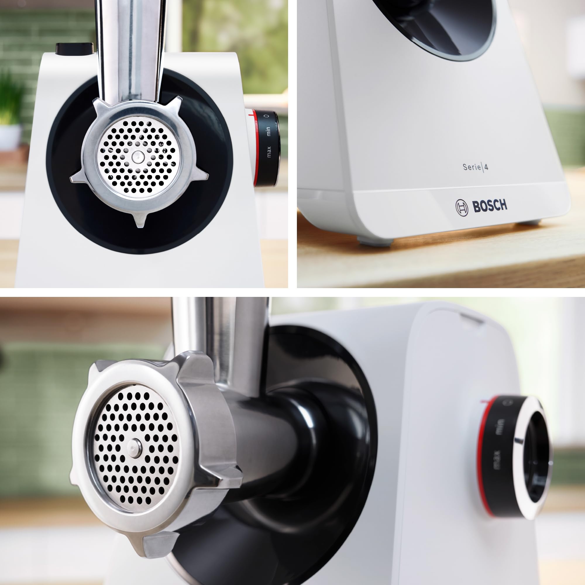 Bosch - Picador de carne, MultiPower, Serie 4, 1900 W, Molinillo, Accesorio para salchichas, Blanco, MFWS420W