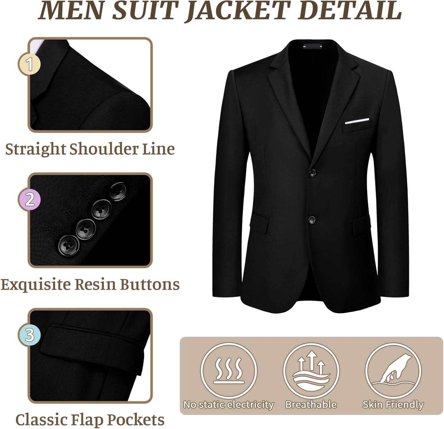 JPF Men's 2 Piece Slim Fit Suit Set, Two Button Solid Jacket Pants with Tie Suits for Men