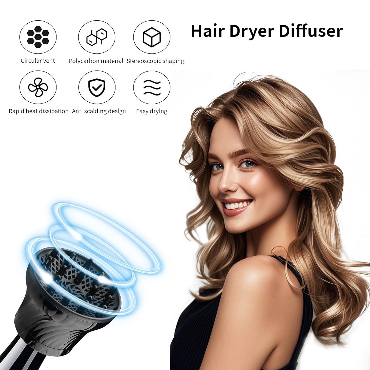 Diffuser Attachment for Hair Dryer Universal, Blow Dryer Nozzle-Specific Hair Diffuser for Curly Hair and Natural Wavy Hair, Suitable for Hair Dryers 1.4in-2.6in (Black) - Image 4