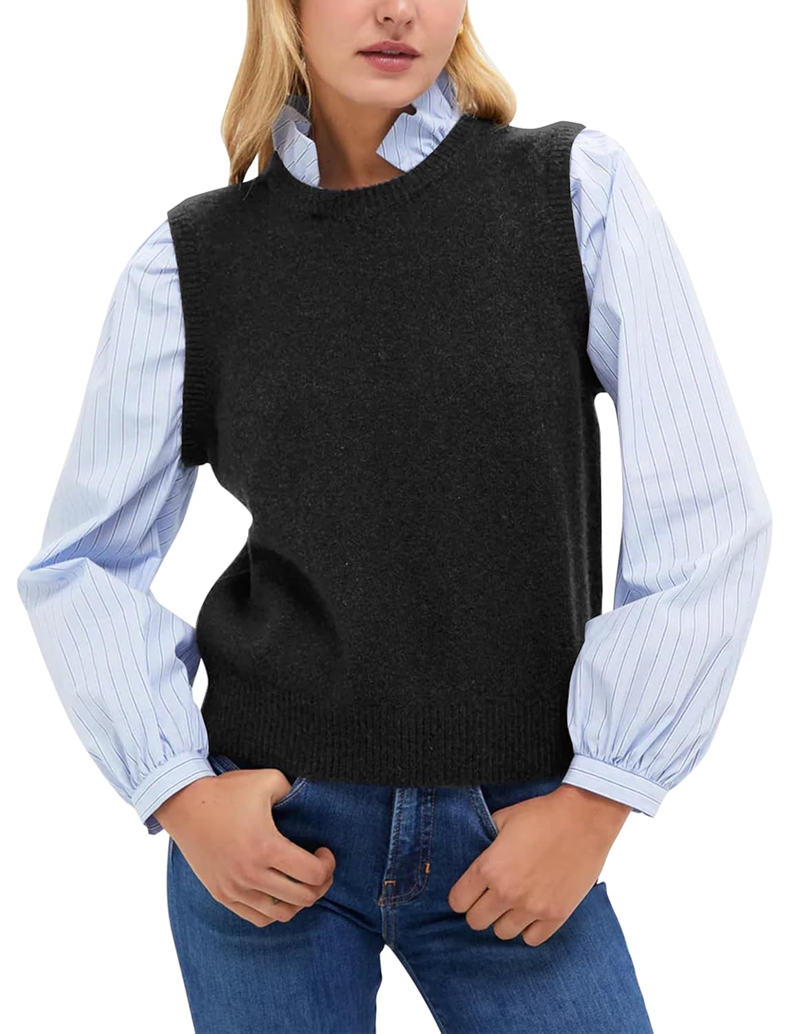 Lauweion Womens Mock Neck Patchwork Knit Sweater Casual Long Puff Sleeve Ruffle Collar 2 in 1 Striped Sweater