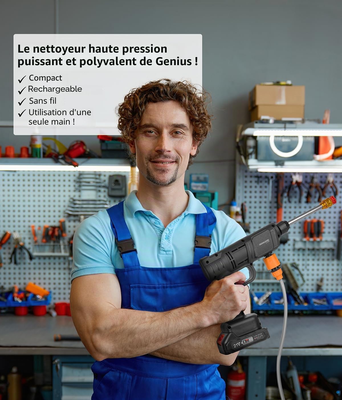 Genius Pressure Cleaner Nettoyeur à Pression sans Fil 12 pièces Pistolet de Lavage Professionnel avec Batterie et Tuyau d'arrosage de 5 m, Nettoyeur à Pression Mobile pour terrasse, Jardin