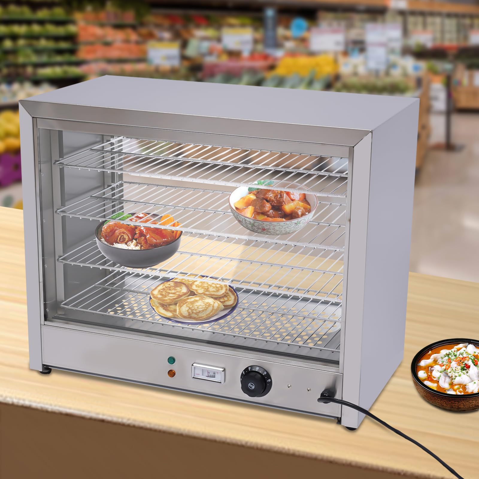 Speisenwärmer 800W – Gewerbliche Wärmevitrine mit 4 Etagen – Thekenvitrine beheizt für Gastronomie – Edelstahl Lebensmittelwärmer mit Einstellbarer Temperatur für Bäckerei, Imbiss, Restaurant