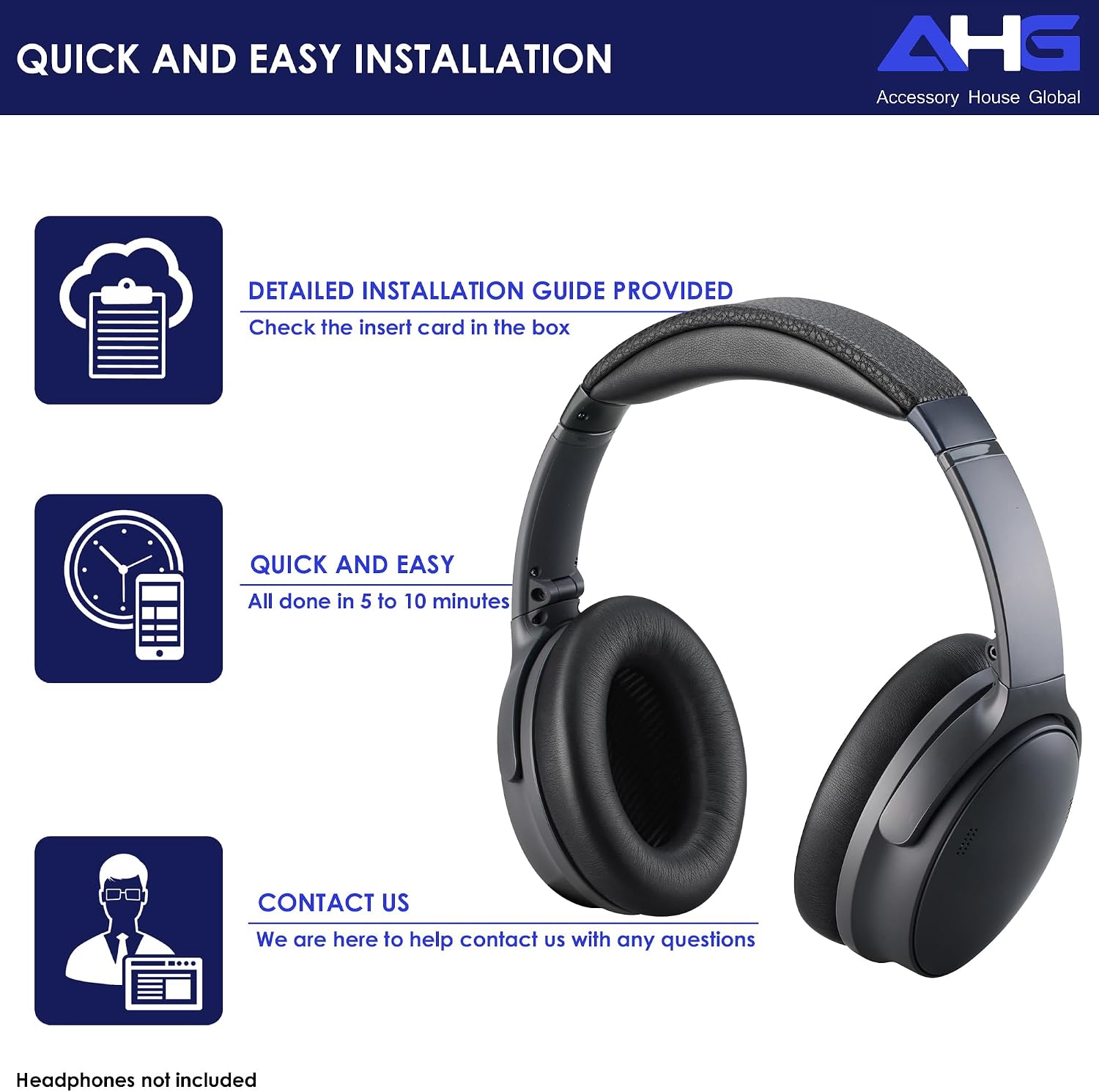 AHG Accessory House Global qc Replacement Ear Pads Cushions Compatible with Bose QuietComfort 35 II / QC35, QCSE, QCSC and QC45 Wireless Headphones (Black) - Premium Material | Extra Thick | Durable