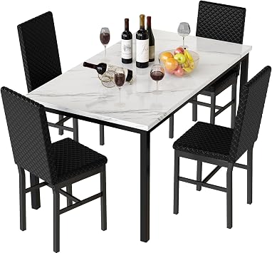 Hooseng Kitchen Table Set 5 Piece Dining Room Table Set Marble Dining Table 4 Chair Dining Table Set for Kitchen Living Room Breakfast Small Spaces White & Black