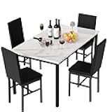 Kitchen Table Set 5 Piece Dining Room Table Set Marble Dining Table 4 Chair Dining Table Set for Kitchen Living Room Breakfast Small Spaces (White & Black)