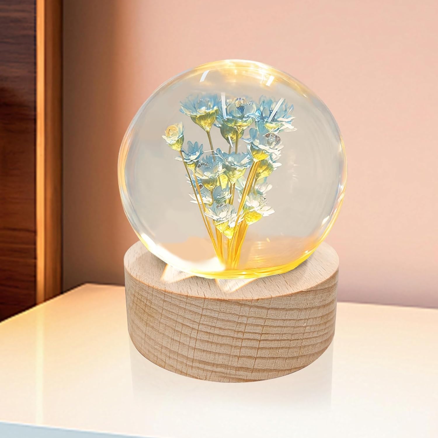 Blue Daisy Lamp,2.4-Inch Flower Crystal Ball Night Light, Real Daisy Inside with Wood Base, Warm Bedroom Glow (Blue Daisy)