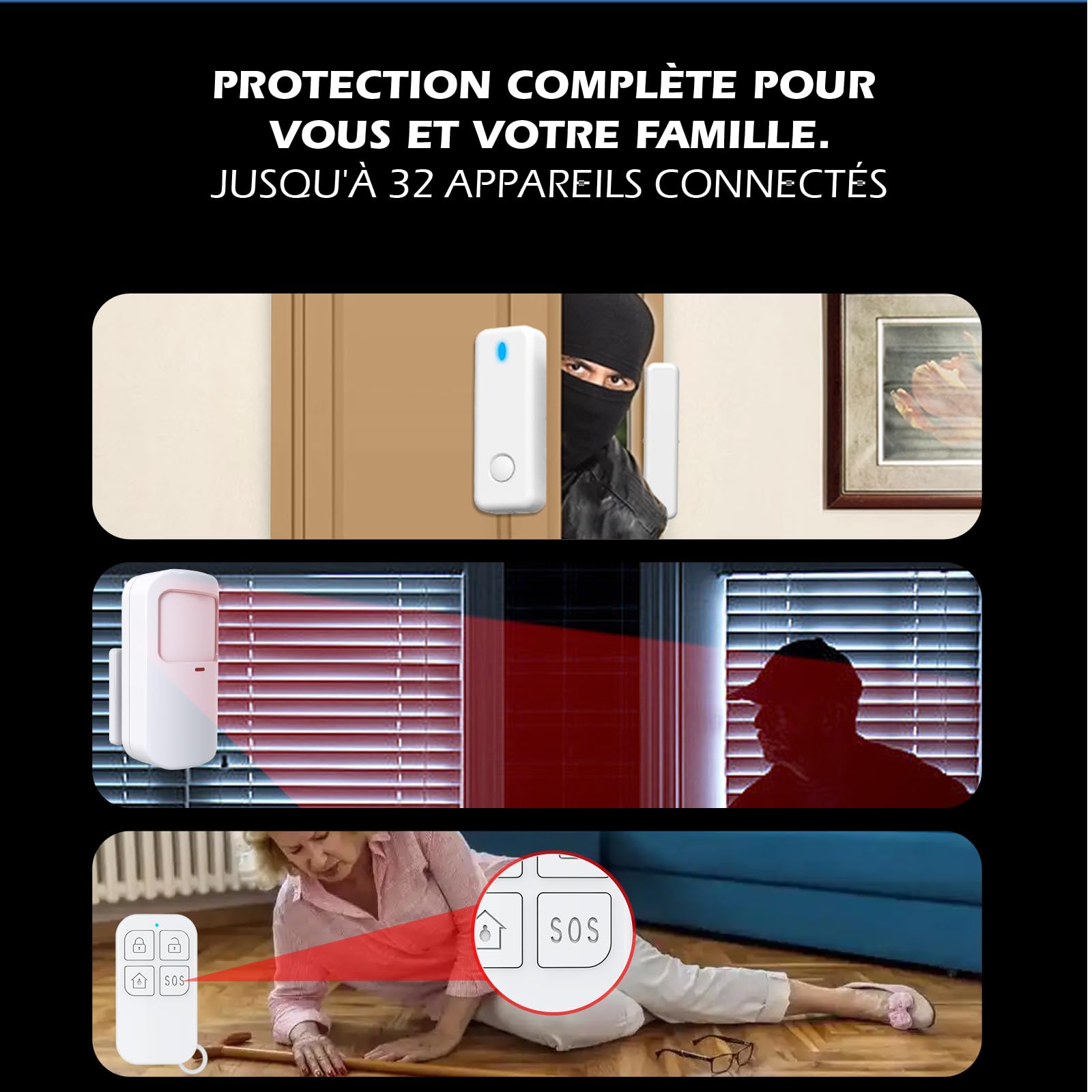 Kit Alarme étendu KYF-ALARM-012-ET Maison avec Caméra IP 4MP, 2 Détecteurs de Mouvement, 2 Détecteurs d'Ouverture, 2 Télécommandes, Sirène 90dB