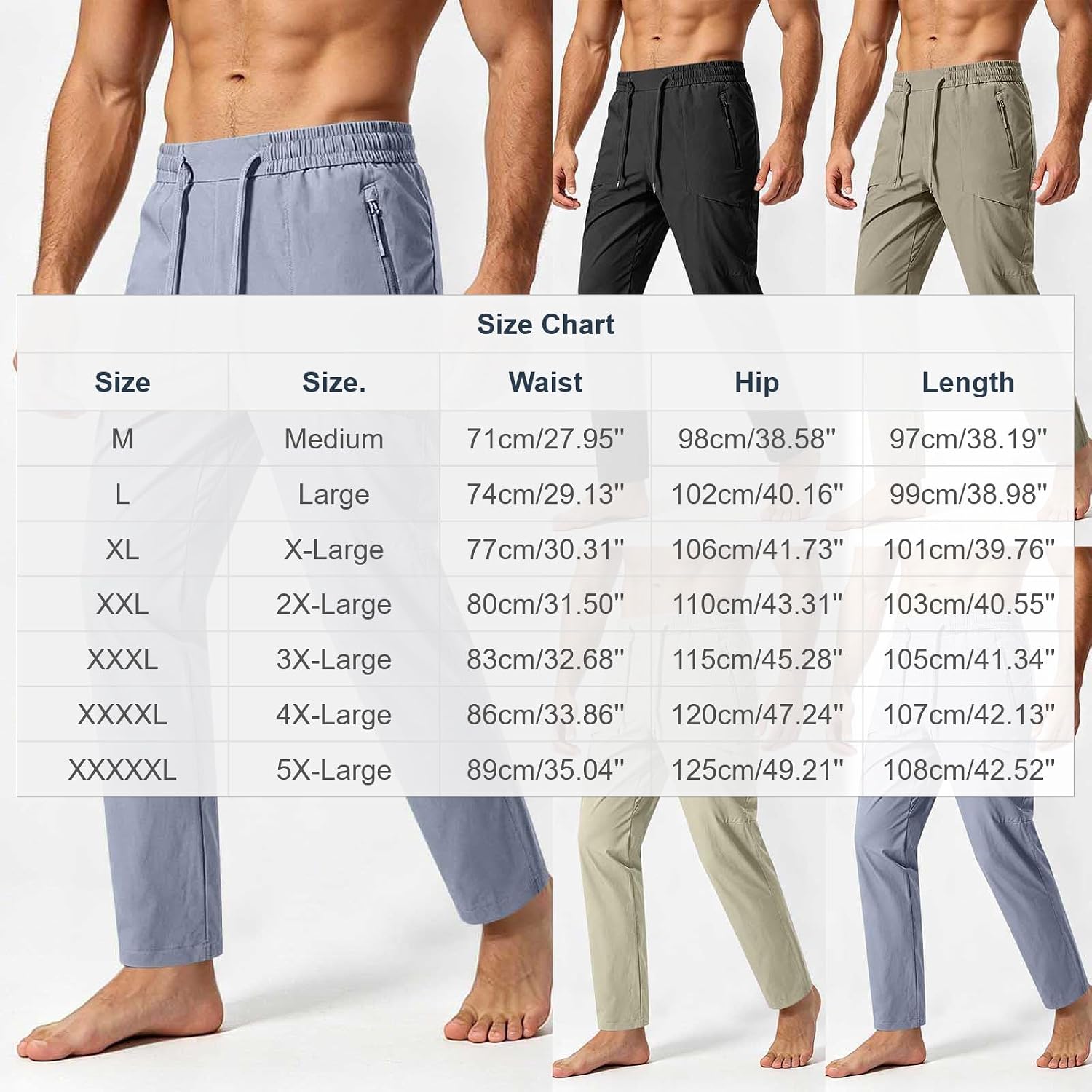 Men Cargo Pants with Zipper Pockets Casual Elastic Wasit Lightweight Loose Fit Workout Trousers Hiking Fishing Golf