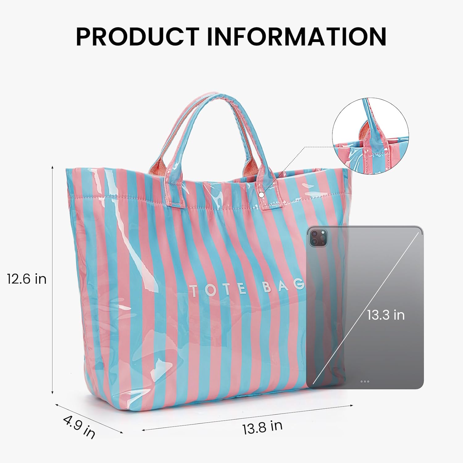 Lushandy Striped PVC Tote Bag for Women, Waterproof Plastic Tote Bag for Beach Pool Large Top Handle Travel Hobo Handbag