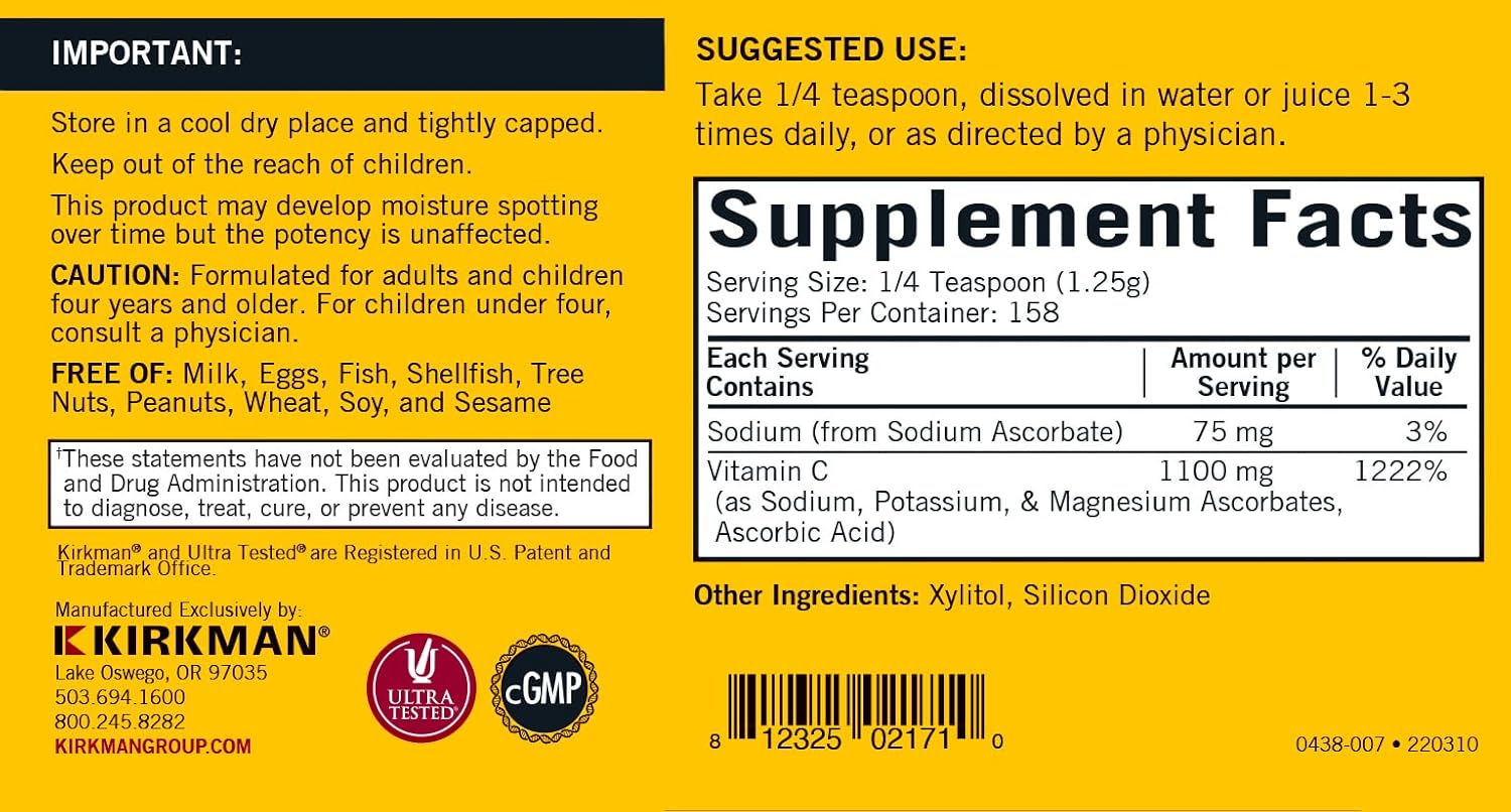 Buffered Vitamin C Powder - Bio-Max Series - Unflavored - Hypoallergenic, 7 oz