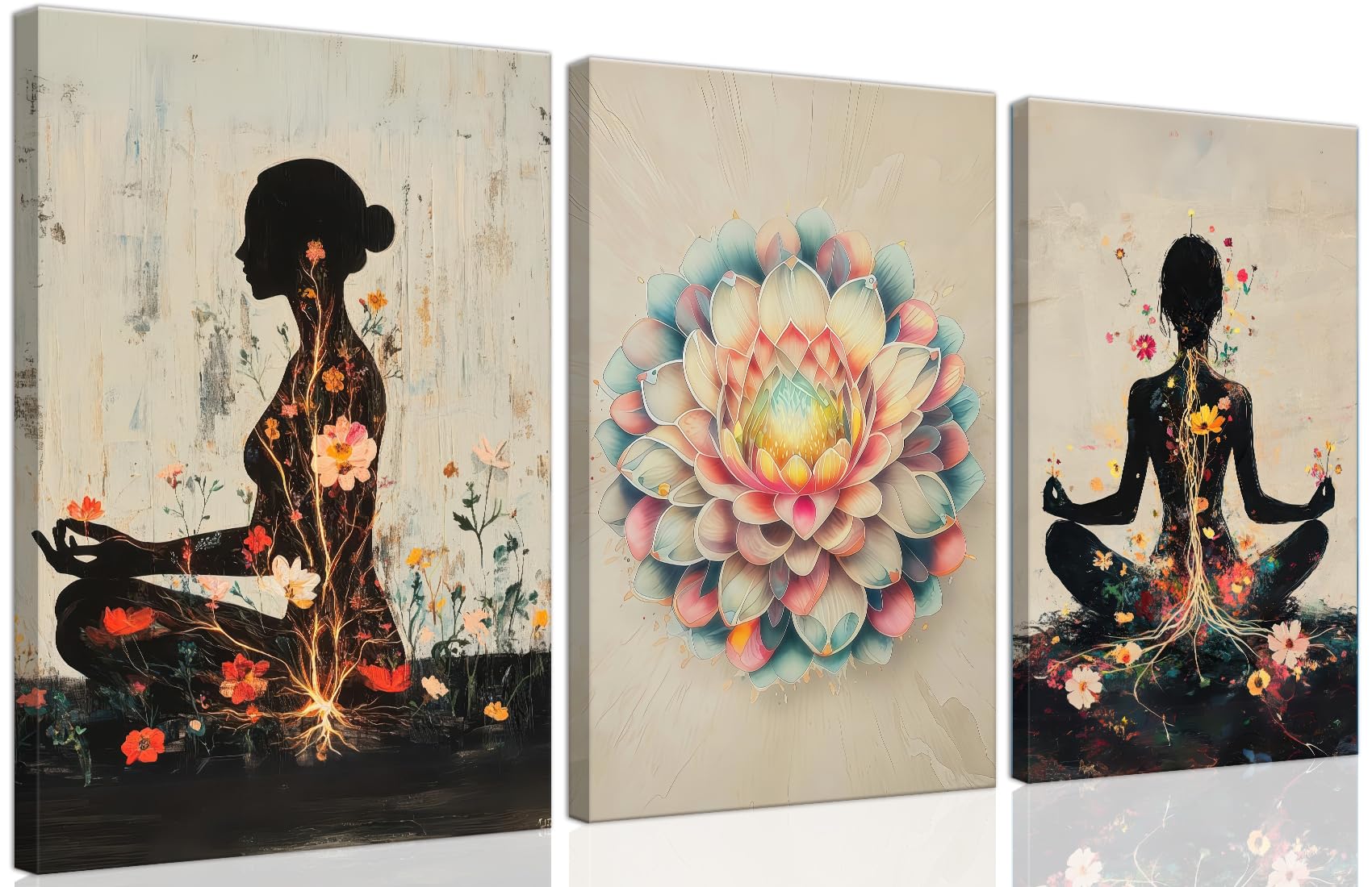 Yoga and Flower themed Meditation Wall Art Set of 3, Spiritual Meditation Women's Match with Flower and Lotus Patterns Canvas Poster Prints Painting,