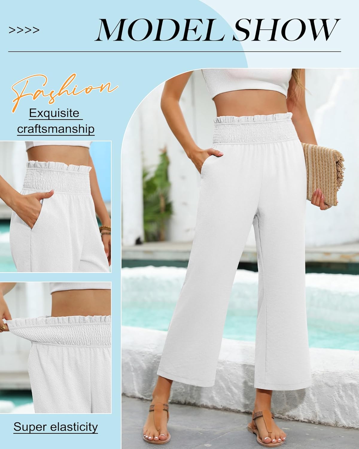 2 Pack Women's Linen Pants, High Waist Cropped Wide Leg Loose Pants with Pockets Flowy Palazzo Beach Trousers(White, Black,Medium) - Image 2