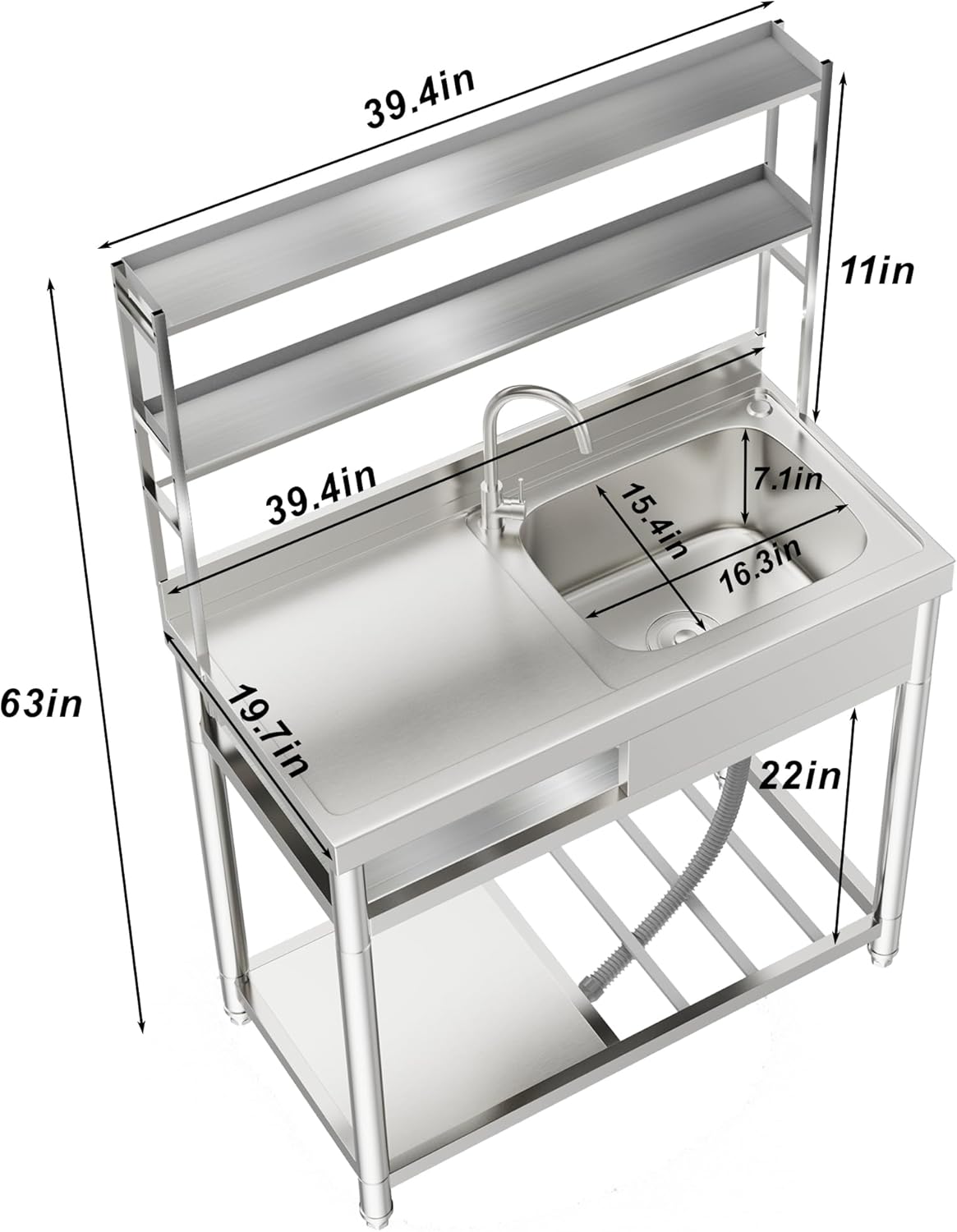 ROOMTEC 304 Stainless Steel Utility Sink Set, Single Bowl Commercial Sink with Drainboard and Hanging Tools for Kitchen, Garage, Laundry Room (Right bowl)