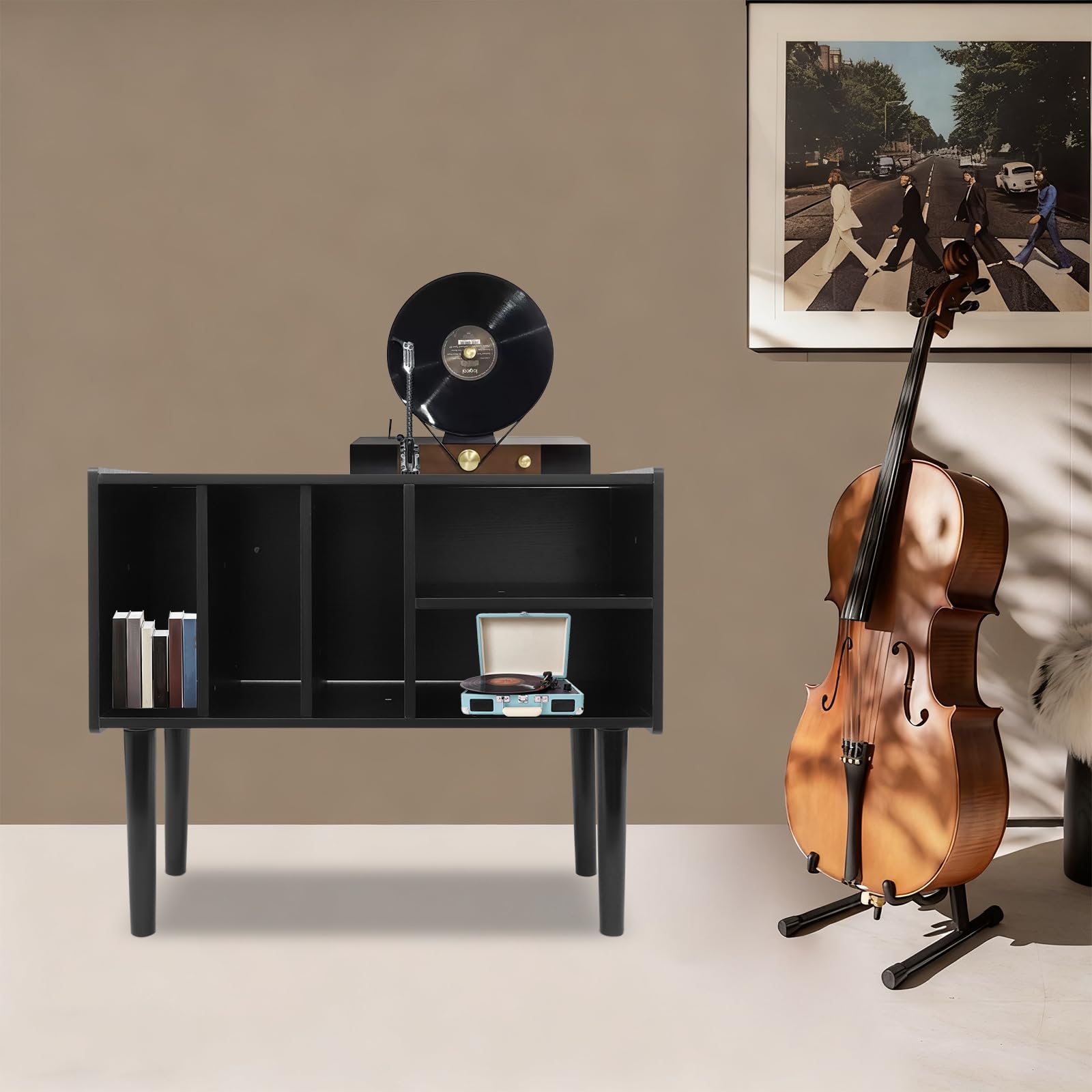 Supporto per giradischi della metà del secolo con contenitore in vinile per fino a 220+ album, Black Vinyl Holder Storage Shelf for Bedroom Living Room