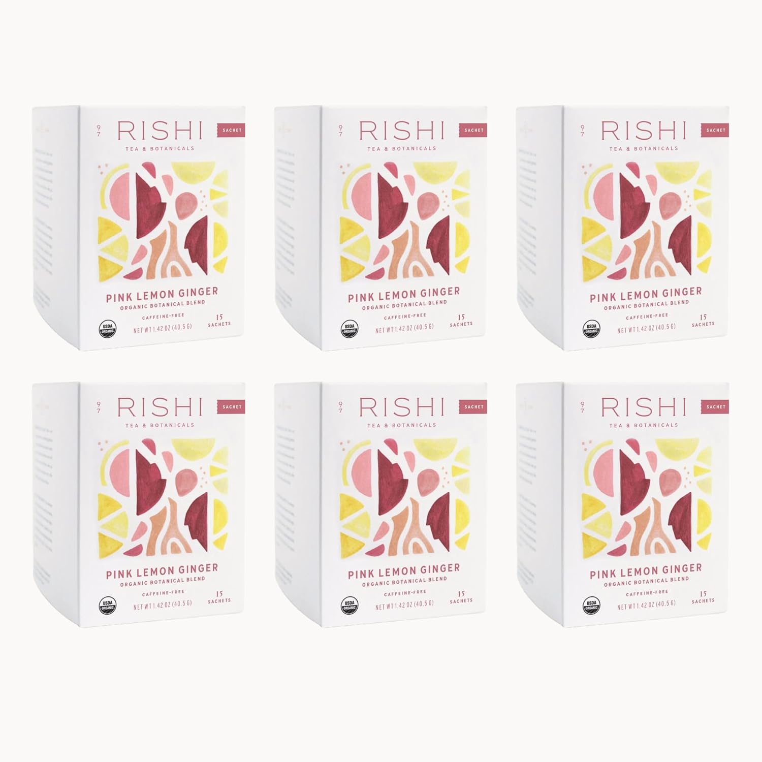 Rishi Tea Pink Lemon Ginger Herbal Tea, Organic Direct Trade Sachet Tea Bags, Certified Kosher, Caffeine Free Juicy and Zesty with Shiso, 15 Count (Pack of 6)
