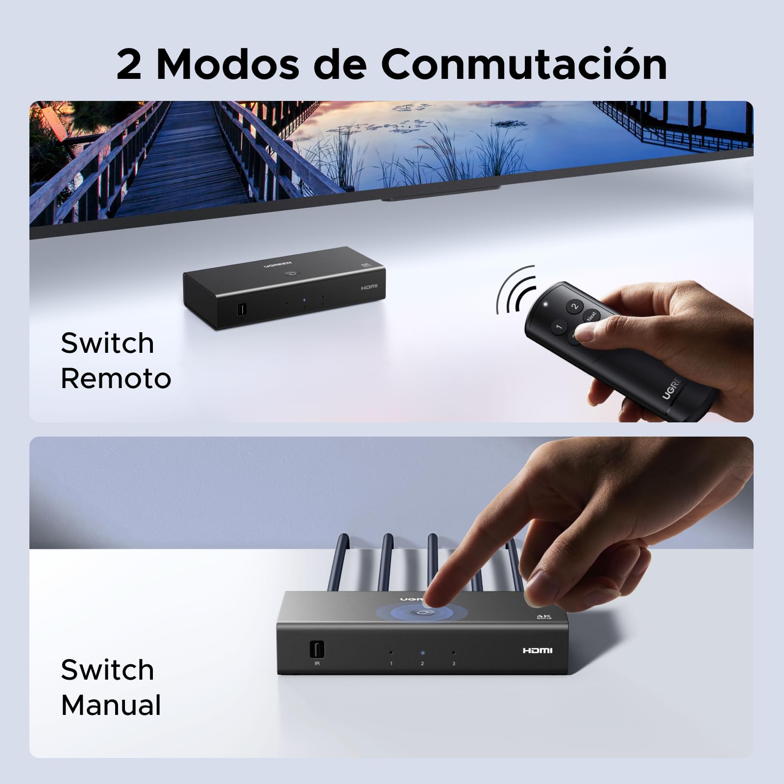 UGREEN HDMI Switch 4K 60Hz 3 Entradas a 1 Salida Conmutador 1080P 3D HDR10 Dolby Atmos con Control Remoto Compatible con Laptop PS5/4 Xbox TV Stick Box Chromecast BLU Ray DVD Proyector