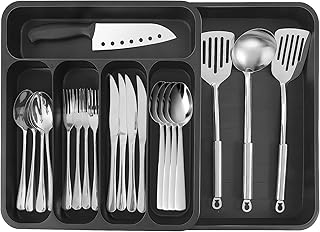 Yafe Cutlery Drawer Organiser, Expandable Kitchen Drawer Organiser Cutlery Trays for Kitchen Drawers 6 Compartment Adjustable Large Utensil Drawer Organiser Knife and Fork Drawer Organiser,Black