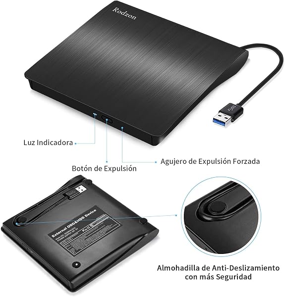 Rodzon Grabadora Externa USB 3.0, Unidades Portátil CD/DVD /-RW/ROM Estable con Lector/Quemador/Re - Quemador para Win 10/8 / 7 / XP/Vista/Linux/Mac OS - 2