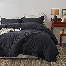 MR&HM Black Stonewashed Ruffled King Comforter Set, Farmhouse Bedding Lightweight Fluffy Comforter 3 Pieces, Ultra Soft Microfiber Shabby Boho Chic Vintage Ruffled Bedding Comforter Sets King Size