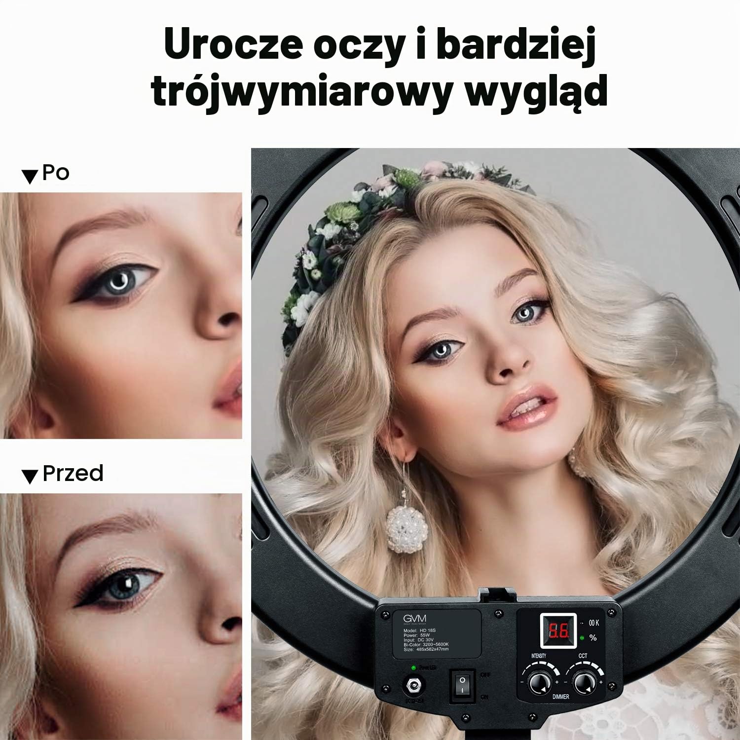 GVM 18" lampa pierścieniowa LED ze statywem, możliwość ściemniania, 3200 K – 5600 K, do fotografii portretowej Vlog Vlog z pierścieniem LED