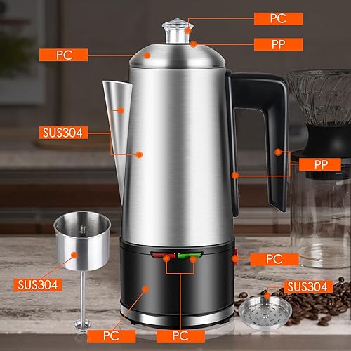 Miniatura 4 de HOMOKUS Percolador de café eléctrico de 12 tazas, cafetera percoladora de 800 W, acero inoxidable con perilla transparente, mango de tacto frío,