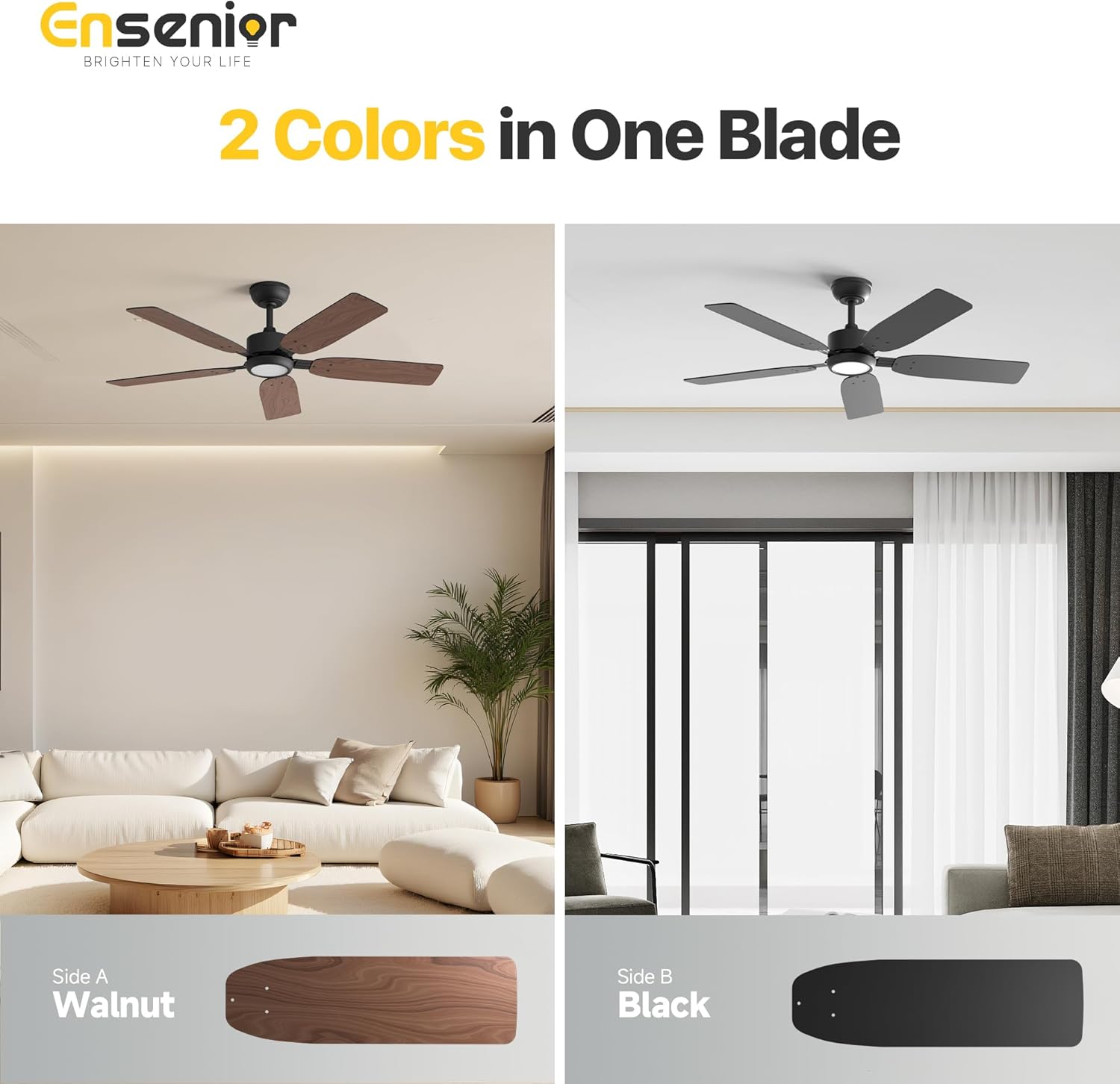 Ensenior 52 inch ceiling fan with light and remote, Noiseless Reversible DC Motor Fandelier Ceiling Fan, 6 Speeds, 3CCT, Black Modern Ceiling Fan for Bedroom and Living Room, 5 Dual-Finish Blades