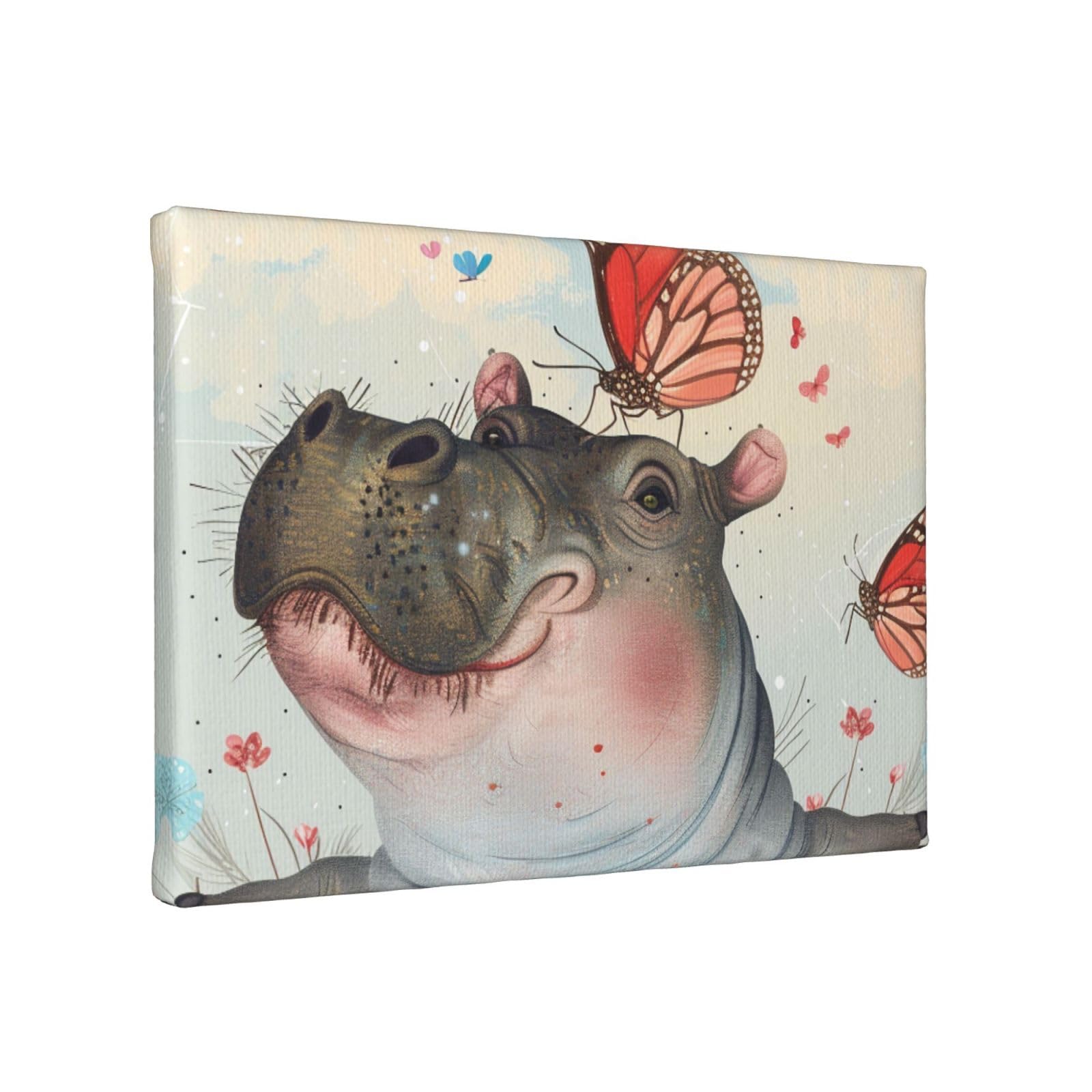 YKLJG Butterfly and hippo Printed Wall Art Canvas Painting 30x20 CM Wooden Framed Picture Painting Artwork Prints for Bedroom Kitchen Home Office Decor