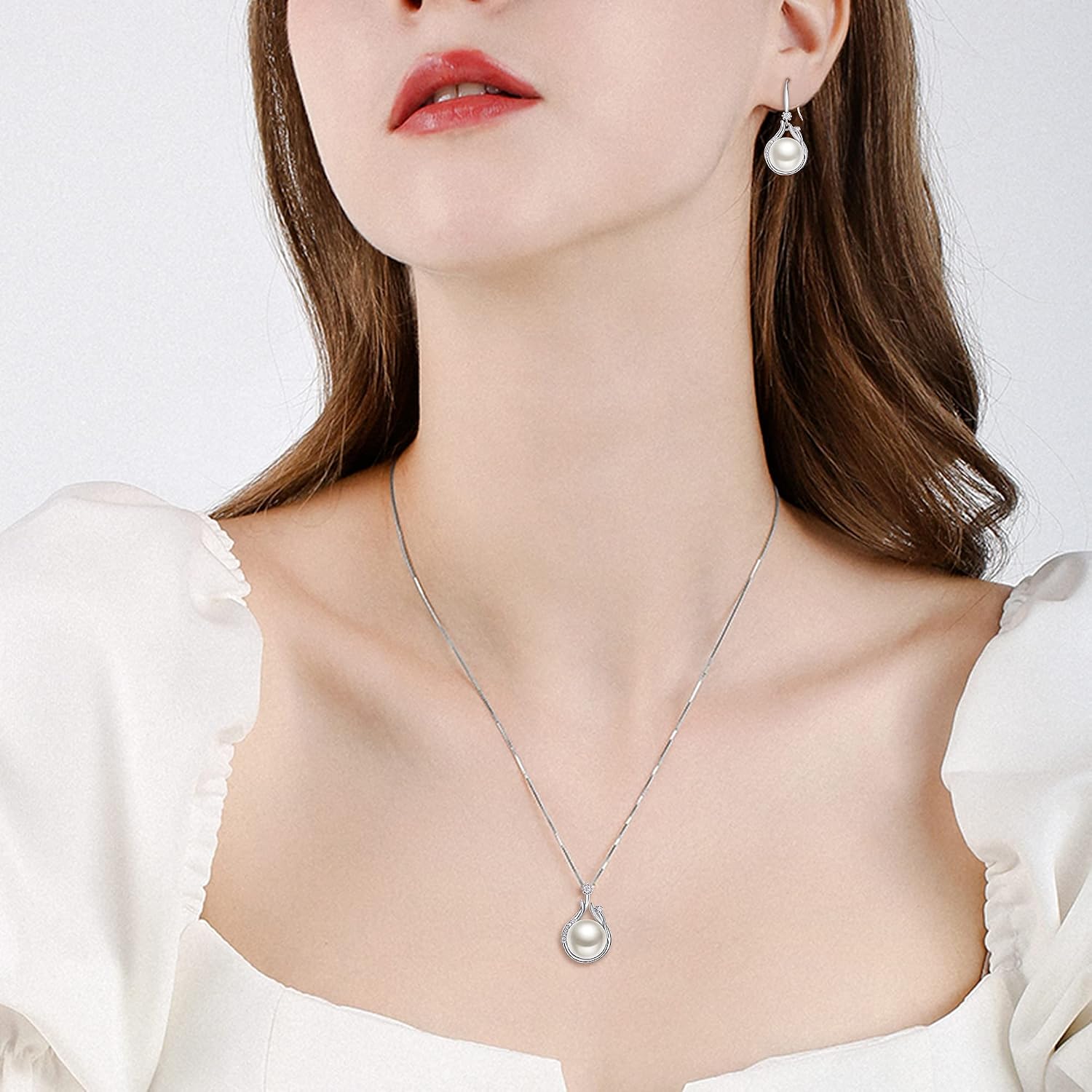 Clearine 925 Sliver CZ Freshwater Pearl Curved Pendant Necklace Dangle Hook Earrings Wedding Bridal Jewellery Set - Image 3
