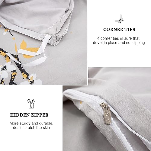 Miniatura 6 de WONGS BEDDING Juego de funda de edredón gris tamaño individual, juego de ropa de cama con estampado de flor de ciruelo con 1 funda de almohada, 2