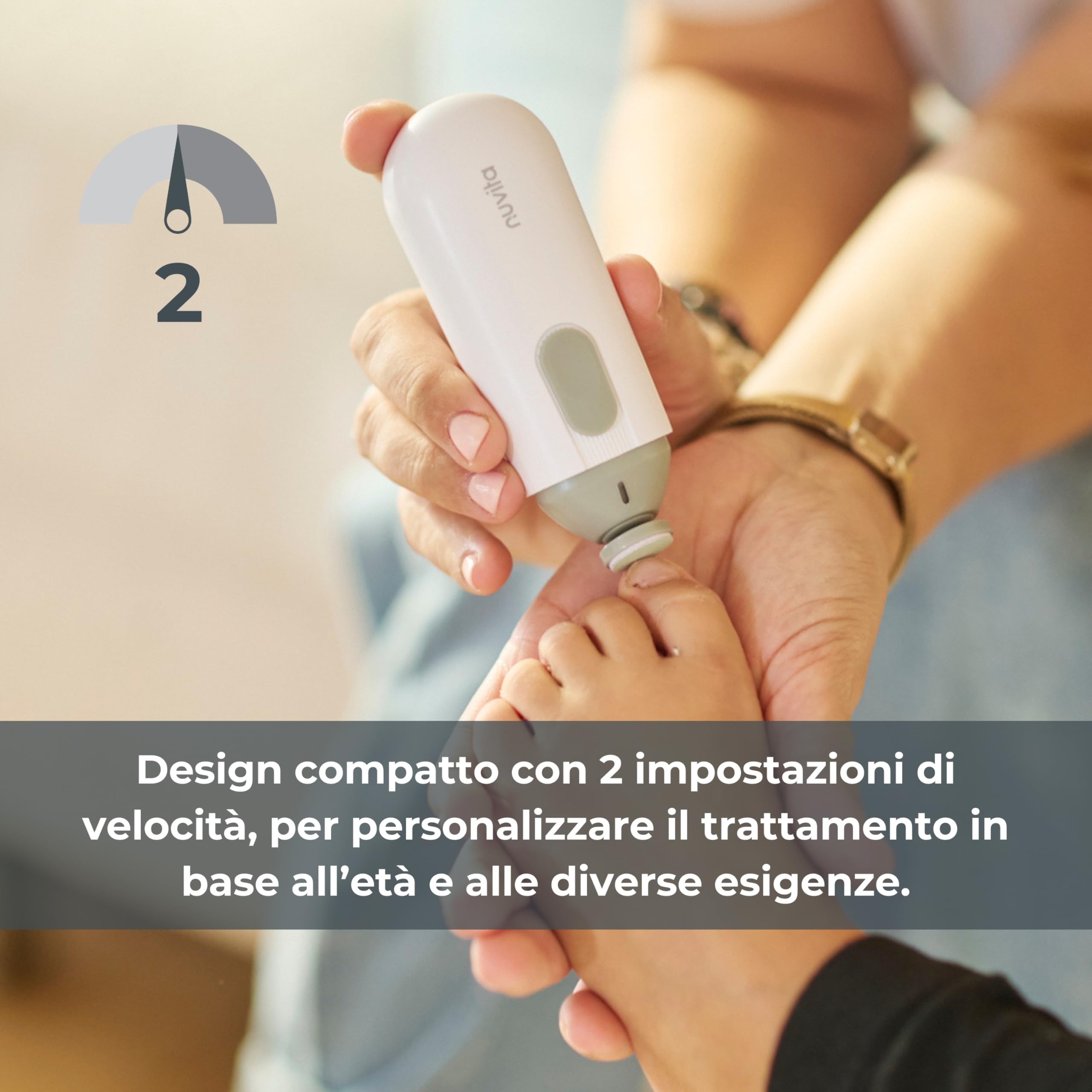 Nuvita 1130 Tagliaunghie Trimmy Lima Elettrica per Unghie di Neonati e Bambini – Sicuro, Delicato e Facile da Usare con Doppia Velocità, Include 5 Testine per Limatura e Custodia da Viaggio