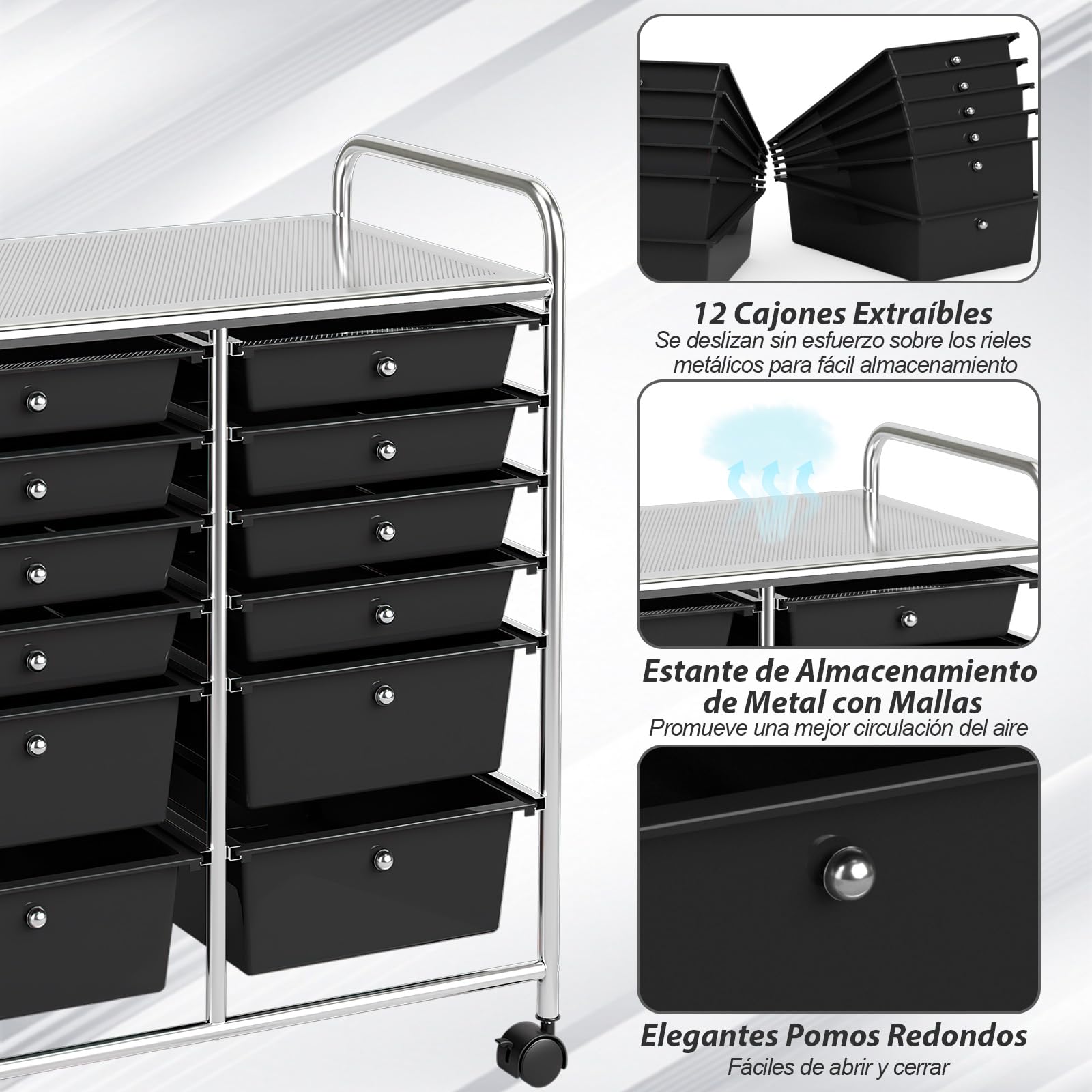 COSTWAY Carrito Auxiliar con Ruedas, Mueble Auxiliar Cocina con 12 Cajones Apilables, Carrito Organizador de Estructura Metálica para Cocina Oficina, Baño (Negro)