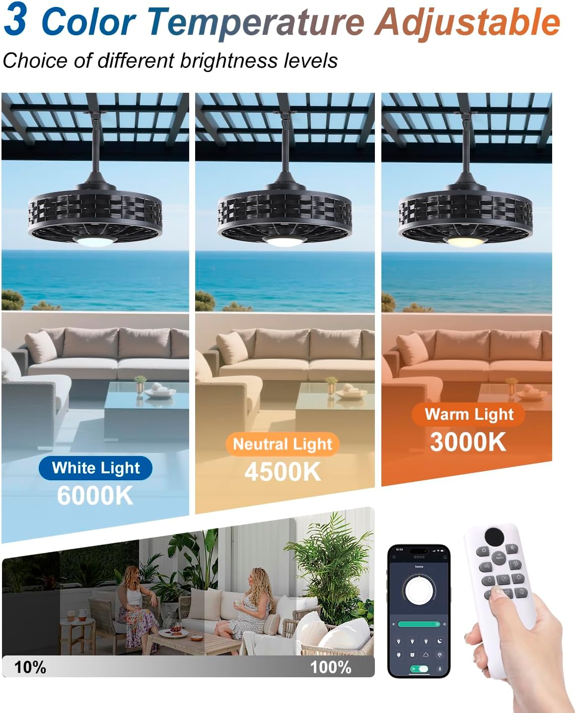 Outdoor Ceiling Fans with Light for Patios, 20" Weatherproof Gazebo Fan with Hanging Hook, Remote Control & APP, 6 Speeds, 3CCT, Caged Plug in Ceiling Fan for Patio