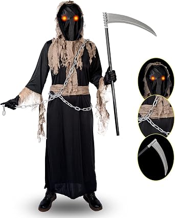 Lomesion Grim Reaper Costume for Kids,Deluxe Halloween Costume with Glowing Red Eyes,Chain,Scythe Included, Small 5-7yr