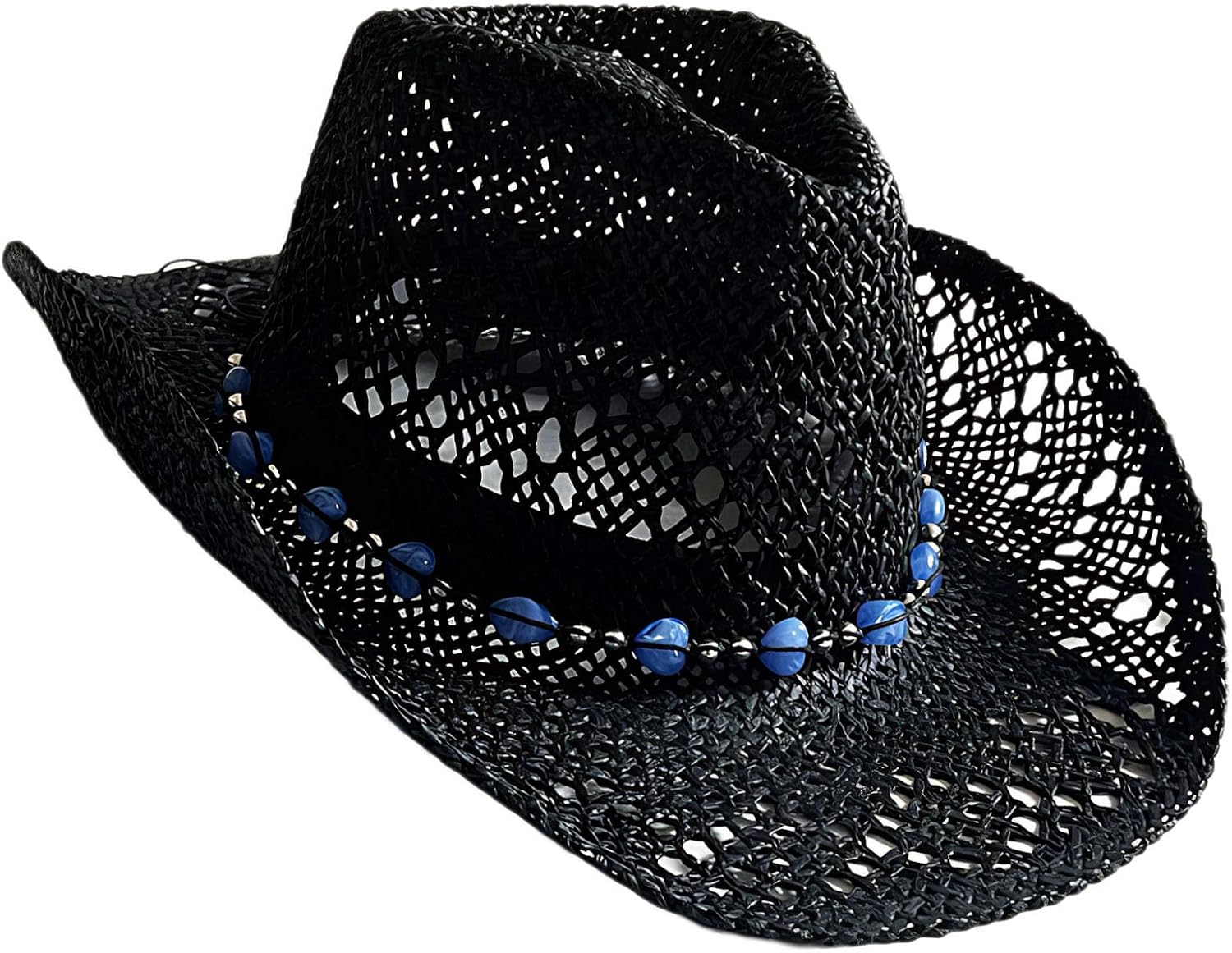Black Cowboy Hat for Women, Roll Brim Straw Western Hat, Beaded
